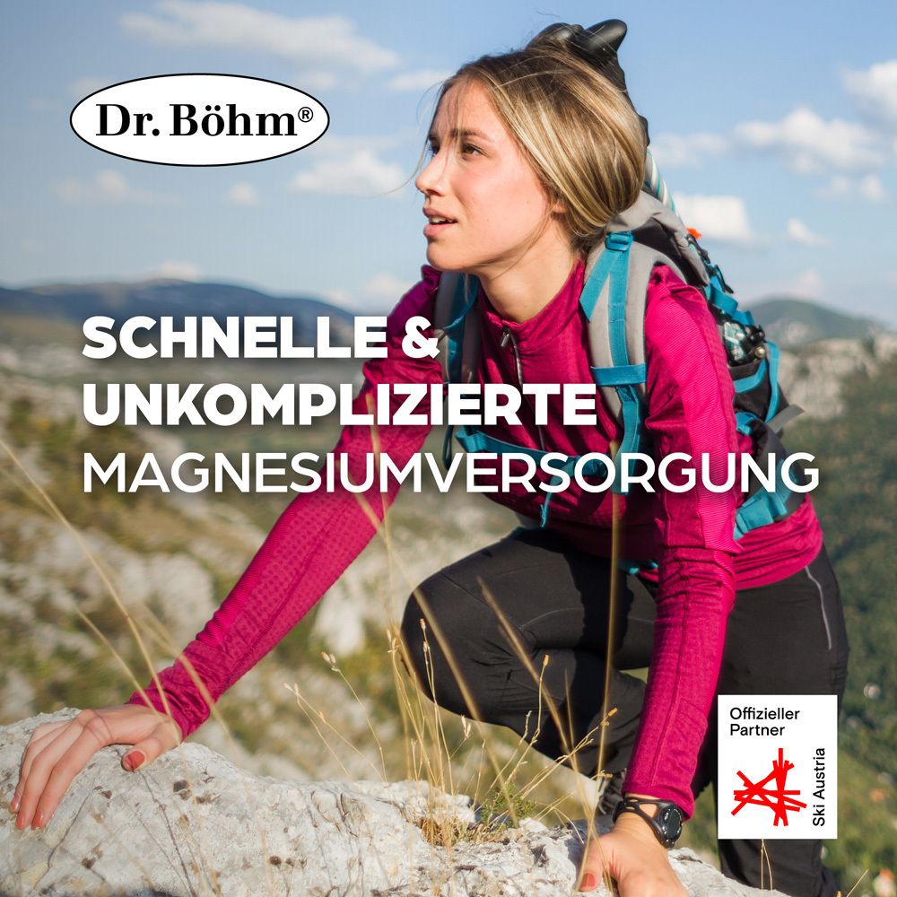 Frau klettert auf Felsen. Text: Schnelle & unkomplizierte Magnesiumversorgung. Logo: Dr. Böhm. Logo: Ski Austria.