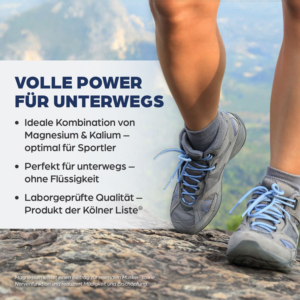 Beine beim Gehen. Text: Volle Power für unterwegs. Aufzählung: Magnesium & Kalium, ohne Flüssigkeit, Laborgeprüft. Produkt der Kölner Liste.