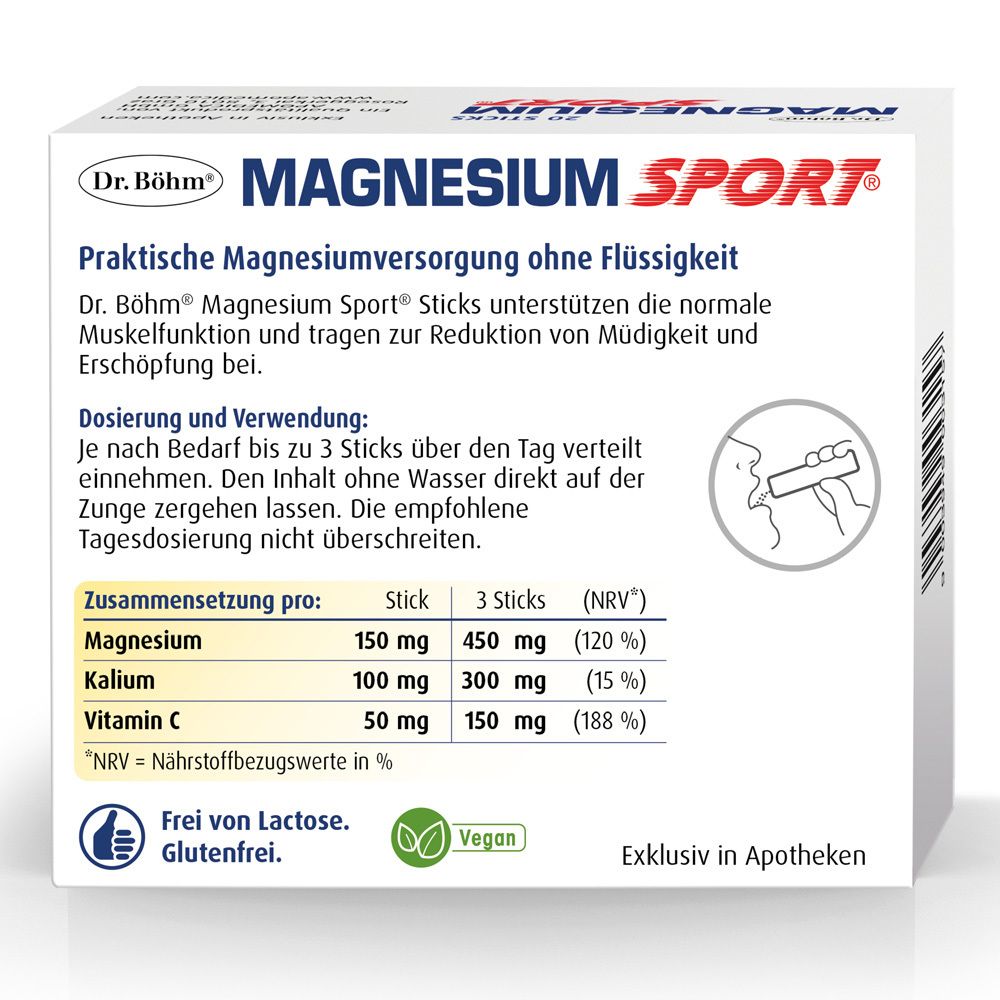 Rückseite der Schachtel Dr. Böhm Magnesium Sport Sticks. Text: Praktische Magnesiumversorgung ohne Flüssigkeit. Inhaltsstoffe, Dosierung.