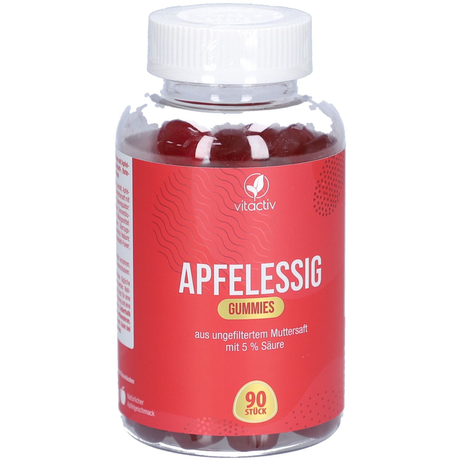 Flasche Apfelessig Gummies. Rückseite mit Inhaltsstoffen, Warnhinweisen und Symbolen: ohne Zucker, vegan, ungefiltert.