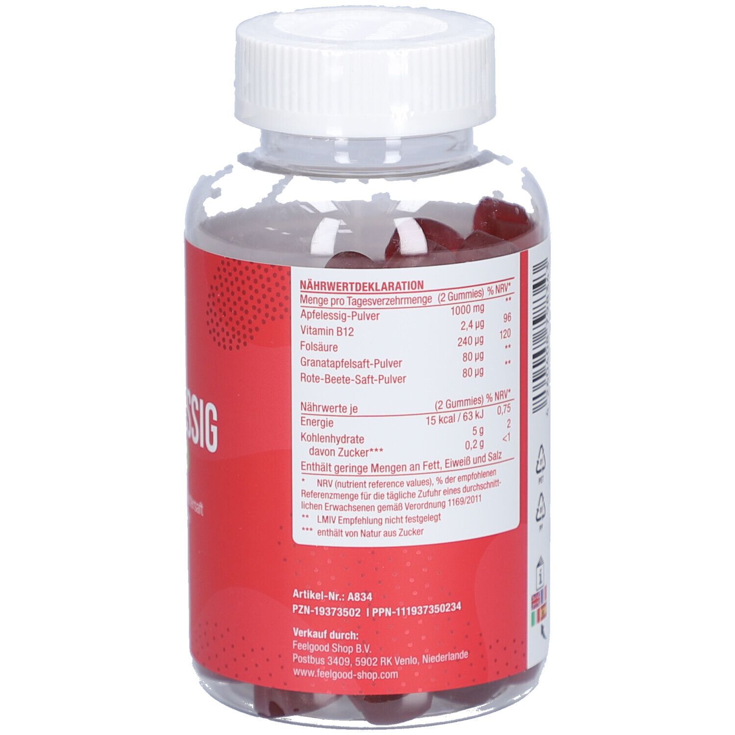 Flasche Apfelessig Gummies. Rotes Etikett mit "vitactiv" und "Apfelessig Gummies". 90 Stück.