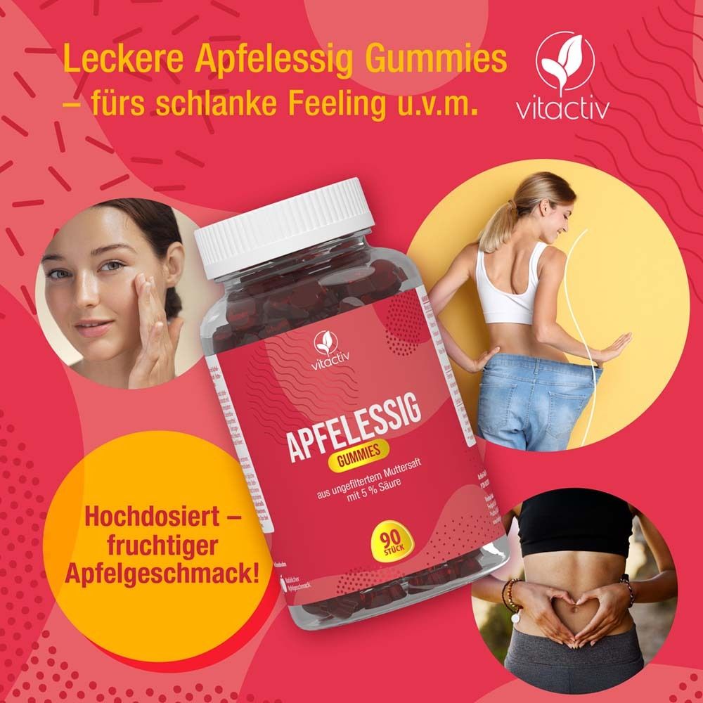 Werbebild mit Flasche Apfelessig Gummies, Frauen und Text. "vitactiv" Logo. Hochdosiert, fruchtiger Geschmack.