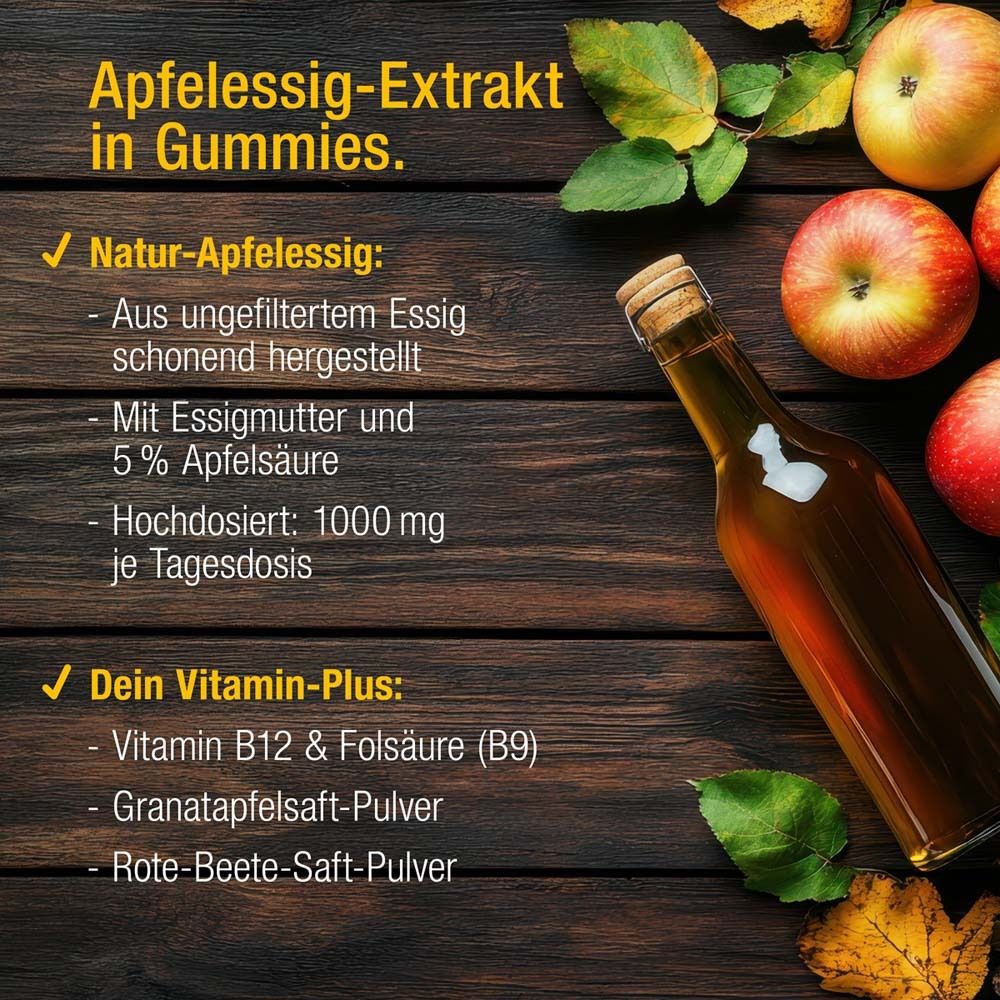 Holzhintergrund mit Apfelessig-Extrakt in Gummies. Text über Natur-Apfelessig und Vitamin B12 + Folsäure (B9).