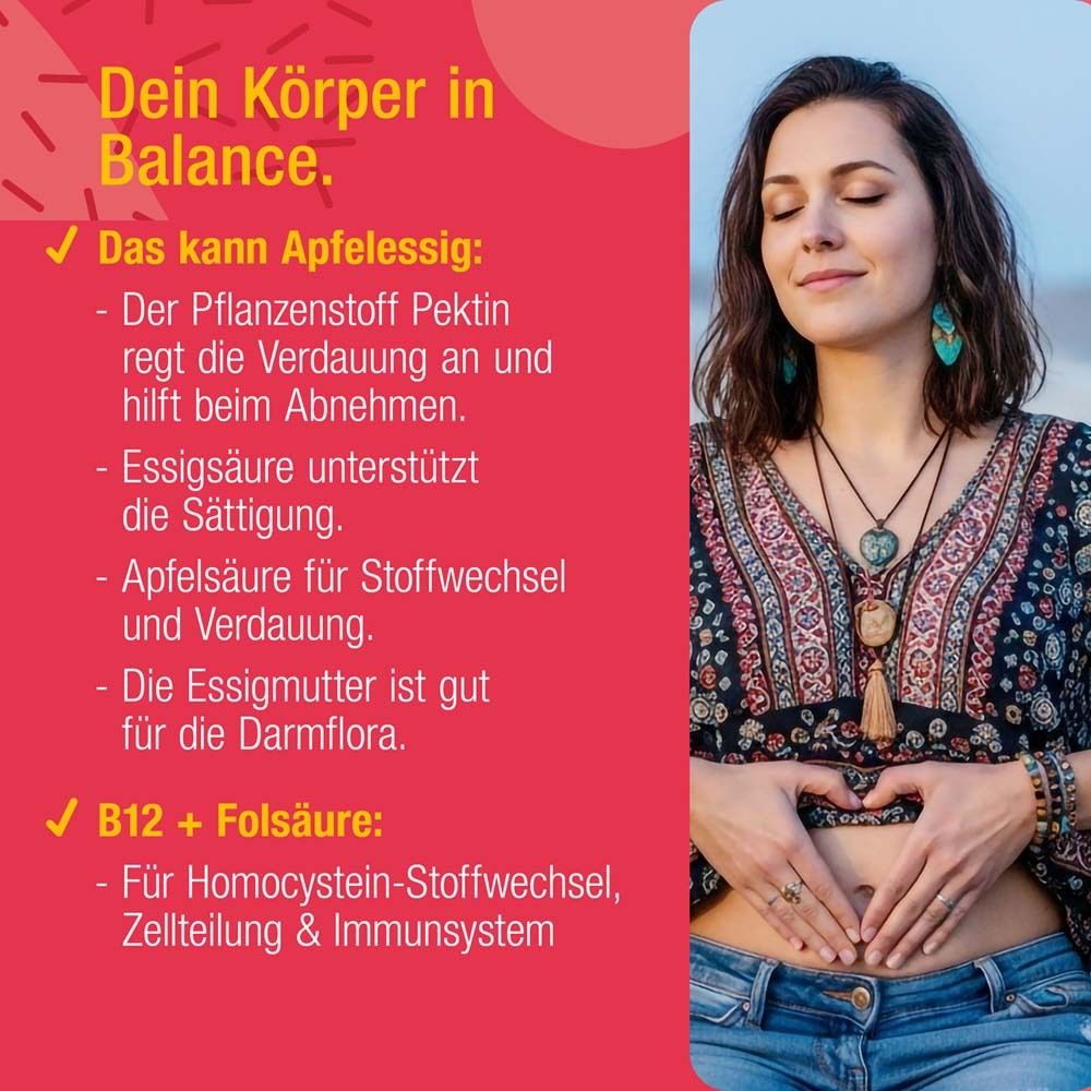 Frau mit Text über Apfelessig und B12 + Folsäure. Text: Dein Körper in Balance. Pektin, Essigsäure, Apfelsäure.