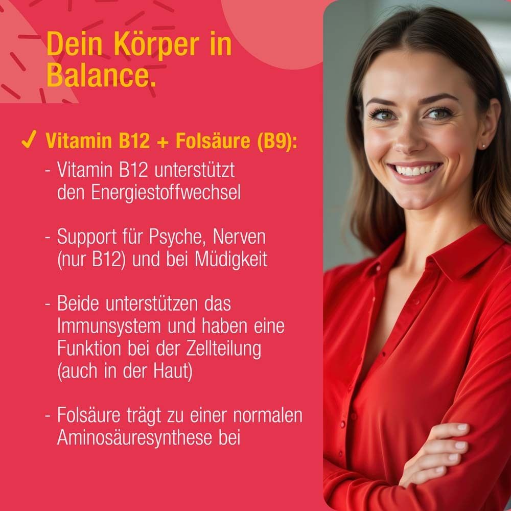 Frau mit Text über Vitamin B12 + Folsäure (B9). Text: Dein Körper in Balance. Energie, Psyche, Immunsystem.