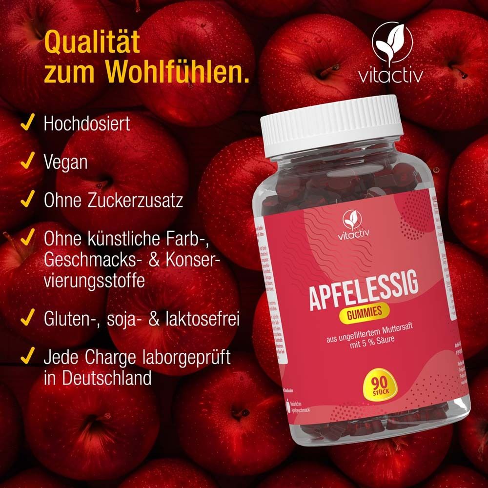 Flasche Apfelessig Gummies mit rotem Etikett. Text: Qualität zum Wohlfühlen. Vegan, ohne Zuckerzusatz, laborgeprüft.