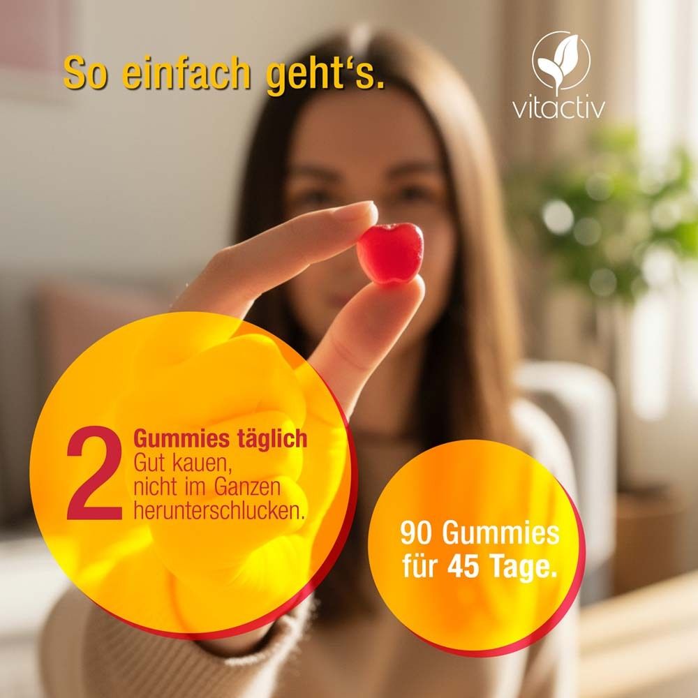 Frau hält eine rote Gummibärchen. Text: 2 Gummies täglich. 90 Gummies für 45 Tage. Gelbe Kreise.