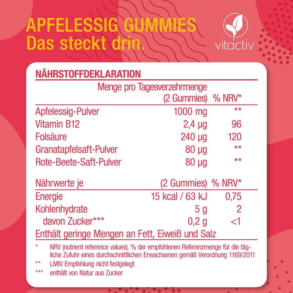 Flasche Apfelessig Gummies mit Nährwertdeklaration. Text: Menge pro Tagesverzehrmenge (2 Gummies).
