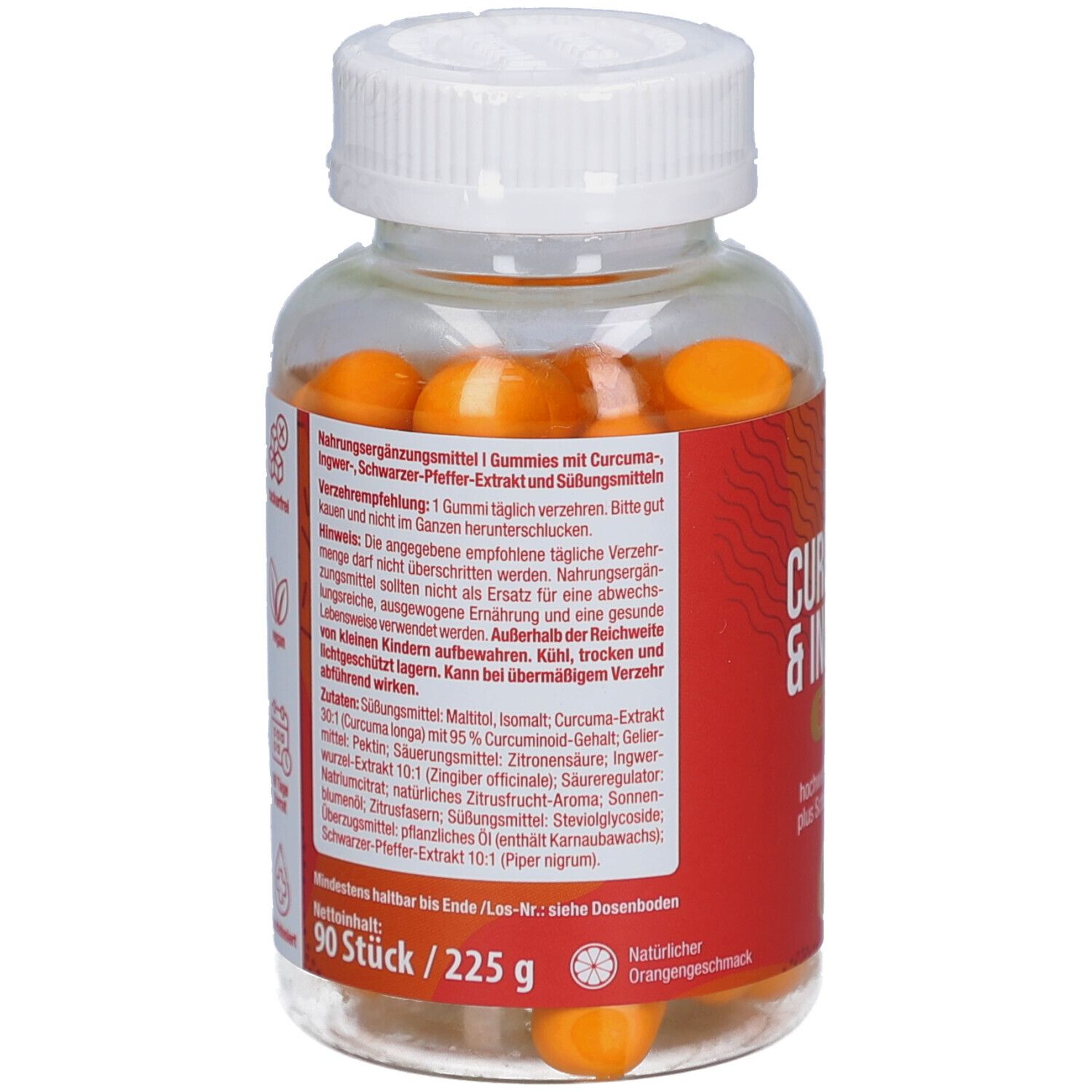 Rückseite der Flasche mit Text. Text: CURCUMA & INGWER Gummies. 90 Stück. Marke: vitactiv. Zutaten, Nährwertangaben, Hinweise, vegan, 90 Tage Vorrat.