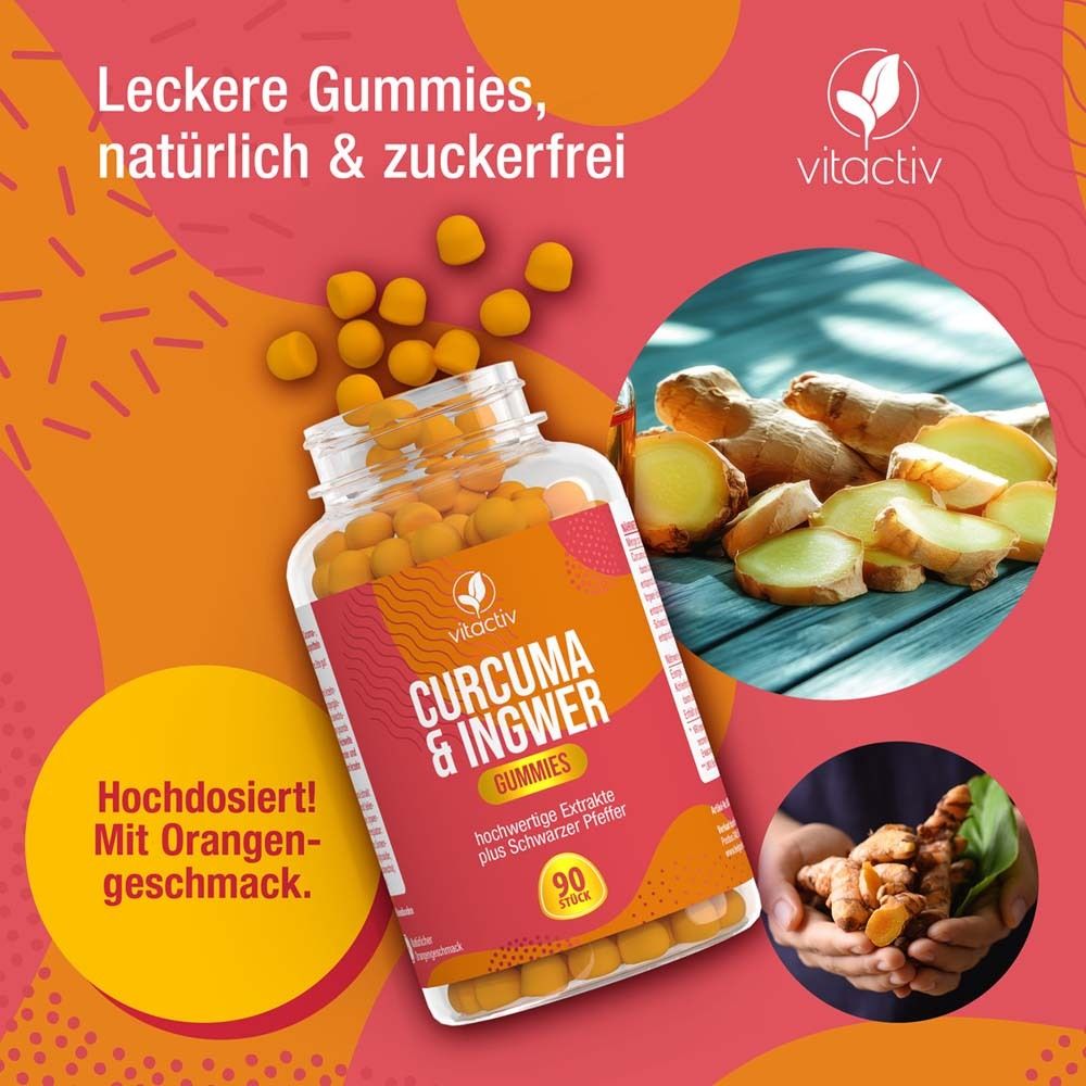 Produktflasche mit Gummies, Ingwer und Kurkuma. Text: CURCUMA & INGWER Gummies. 90 Stück. Marke: vitactiv. Hochdosiert! Mit Orangengeschmack.