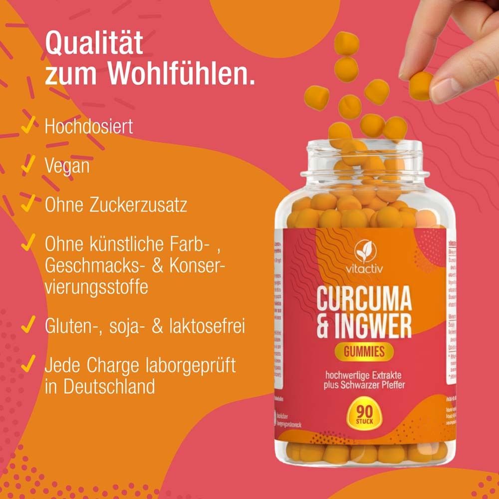 Flasche mit Gummies. Rotes Etikett mit Text: CURCUMA & INGWER Gummies, 90 Stück. Vegan, zuckerfrei, ohne Zusätze.