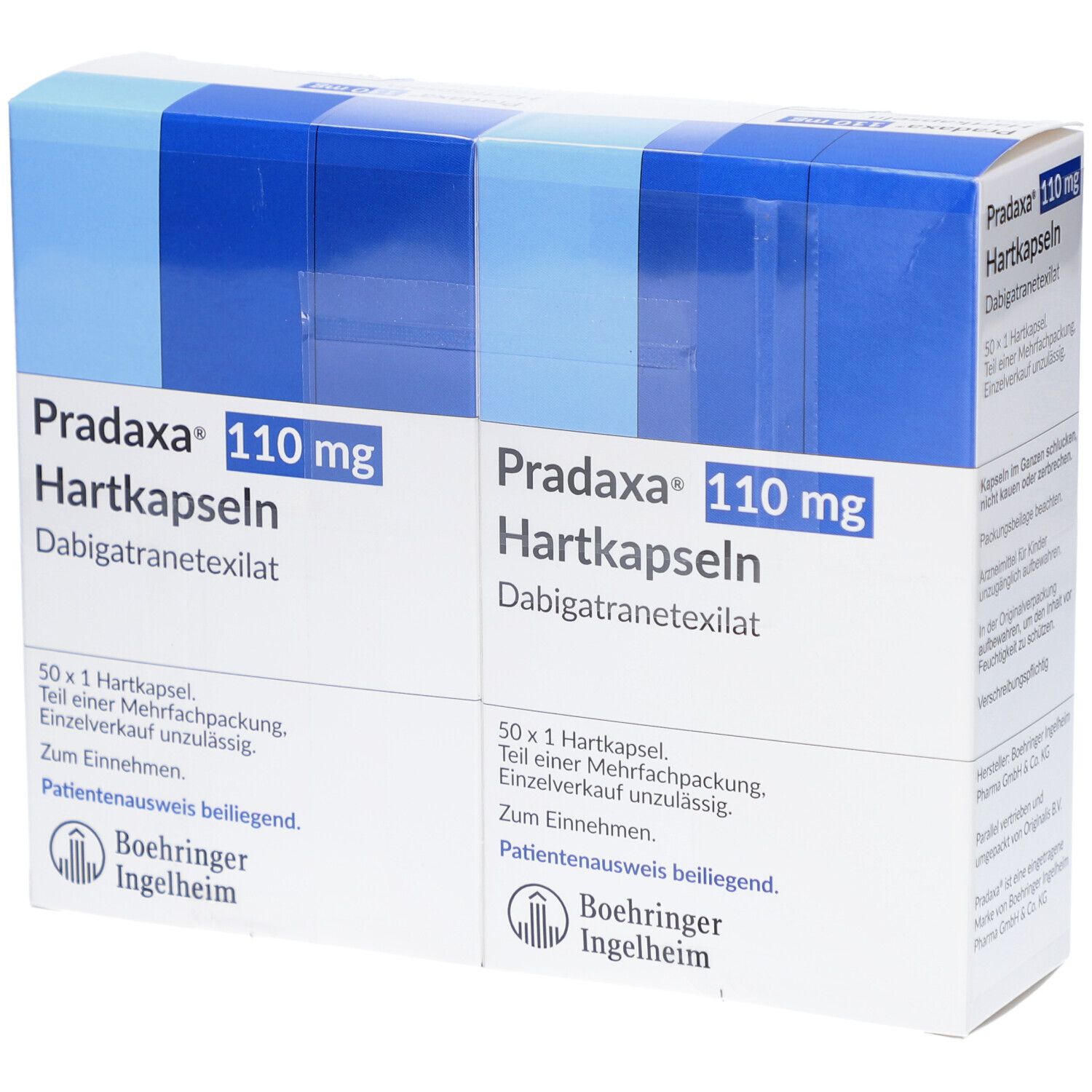Packung PRADAXA 110 mg Hartkapseln. Blaue und weiße Schachtel mit Produktinformationen und Logo von Boehringer Ingelheim.