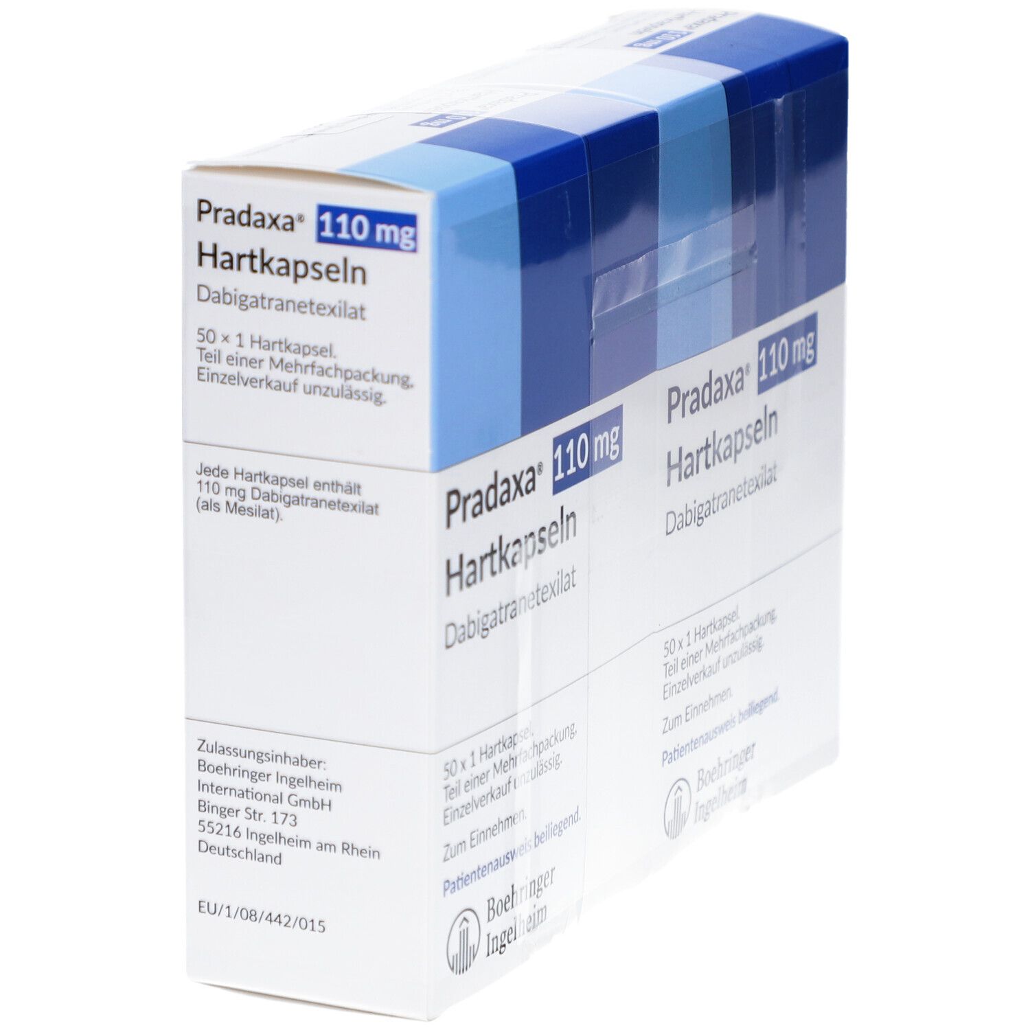 PRADAXA 110 mg Hartkapseln Packung, schräg. Blaue und weiße Schachtel mit Produktinformationen und Logo von Boehringer Ingelheim.
