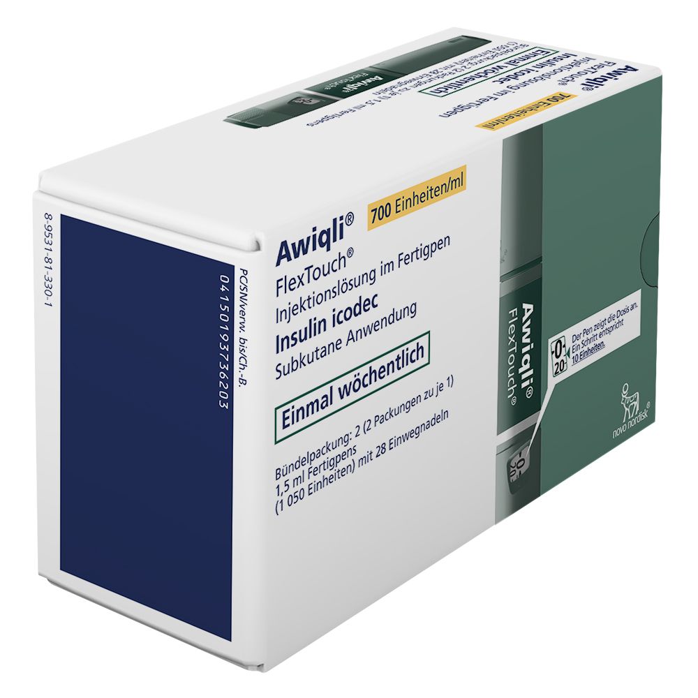 Awiqli FlexTouch-Packung. Enthält 2 Fertigpens und 28 Nadeln. Text: Insulin icodec, 700 Einheiten/ml. Einmal wöchentlich.