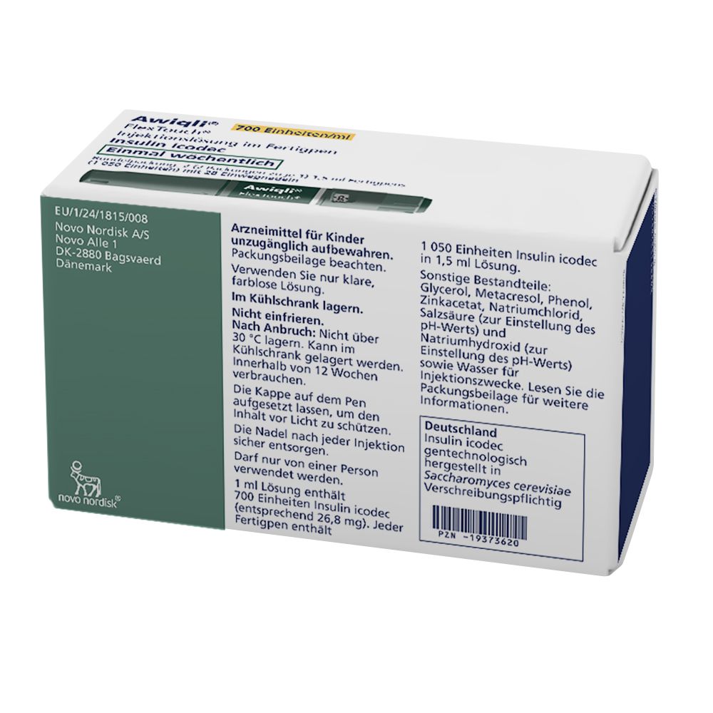 Awiqli FlexTouch-Packung. Enthält 2 Fertigpens und 28 Nadeln. Text: Insulin icodec, 700 Einheiten/ml. Einmal wöchentlich. Beipackzettel.