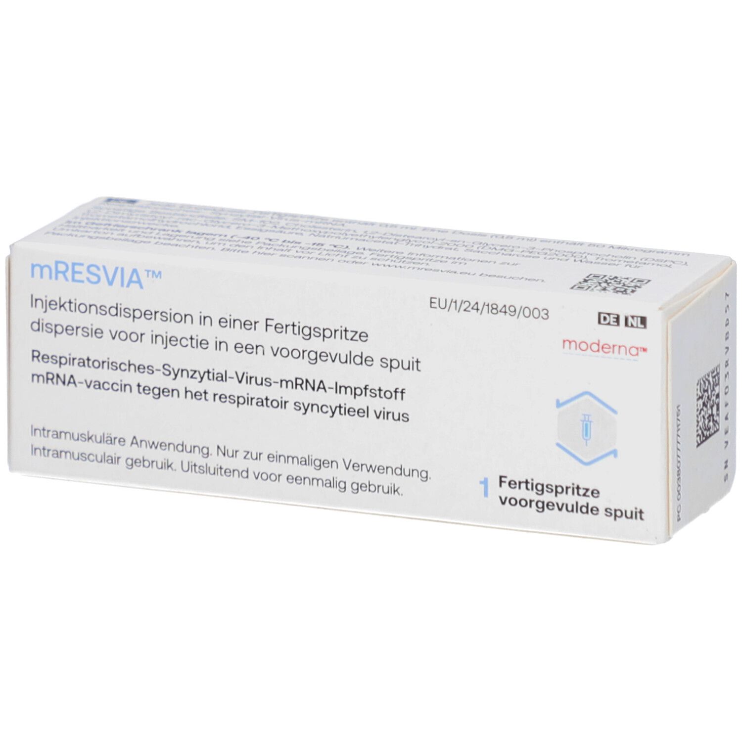 Weiße Schachtel mit Produktinformationen. Aufschrift: mRESVIA Injektionsdispersion. Fertigspritze. Moderna Logo.