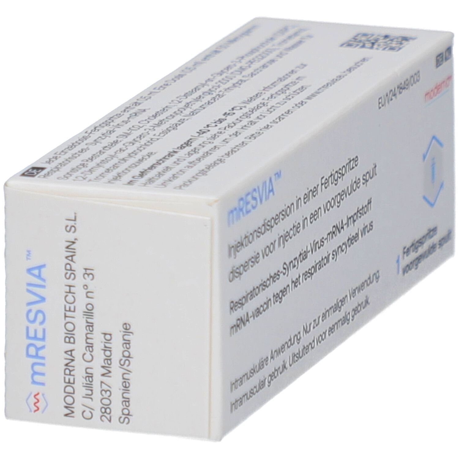 Weiße Schachtel, schräg. Aufschrift: mRESVIA. Moderna Biotech Spain, S.L. Produktinformationen. QR-Code.