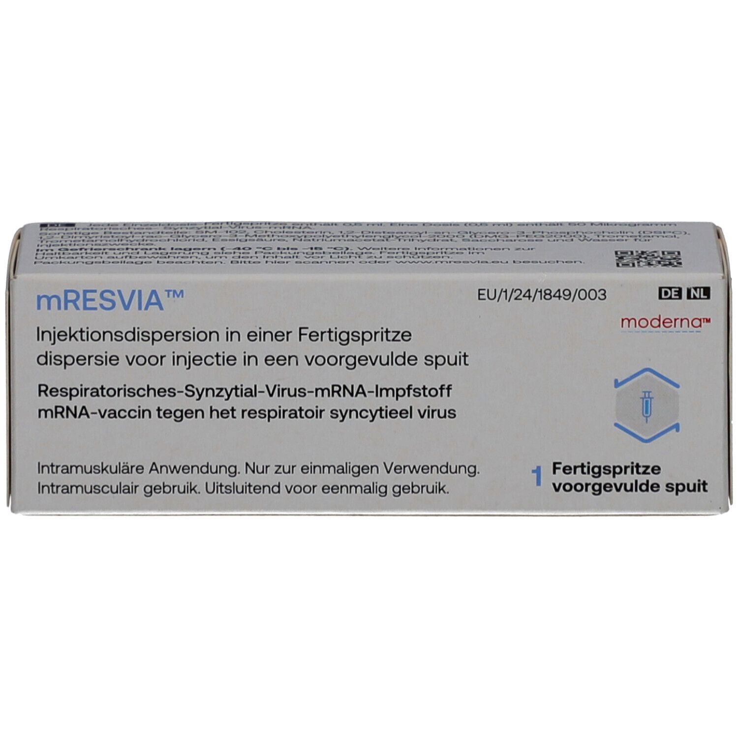Weiße Schachtel mit Produktinformationen. Aufschrift: mRESVIA Injektionsdispersion. Fertigspritze. Moderna Logo.