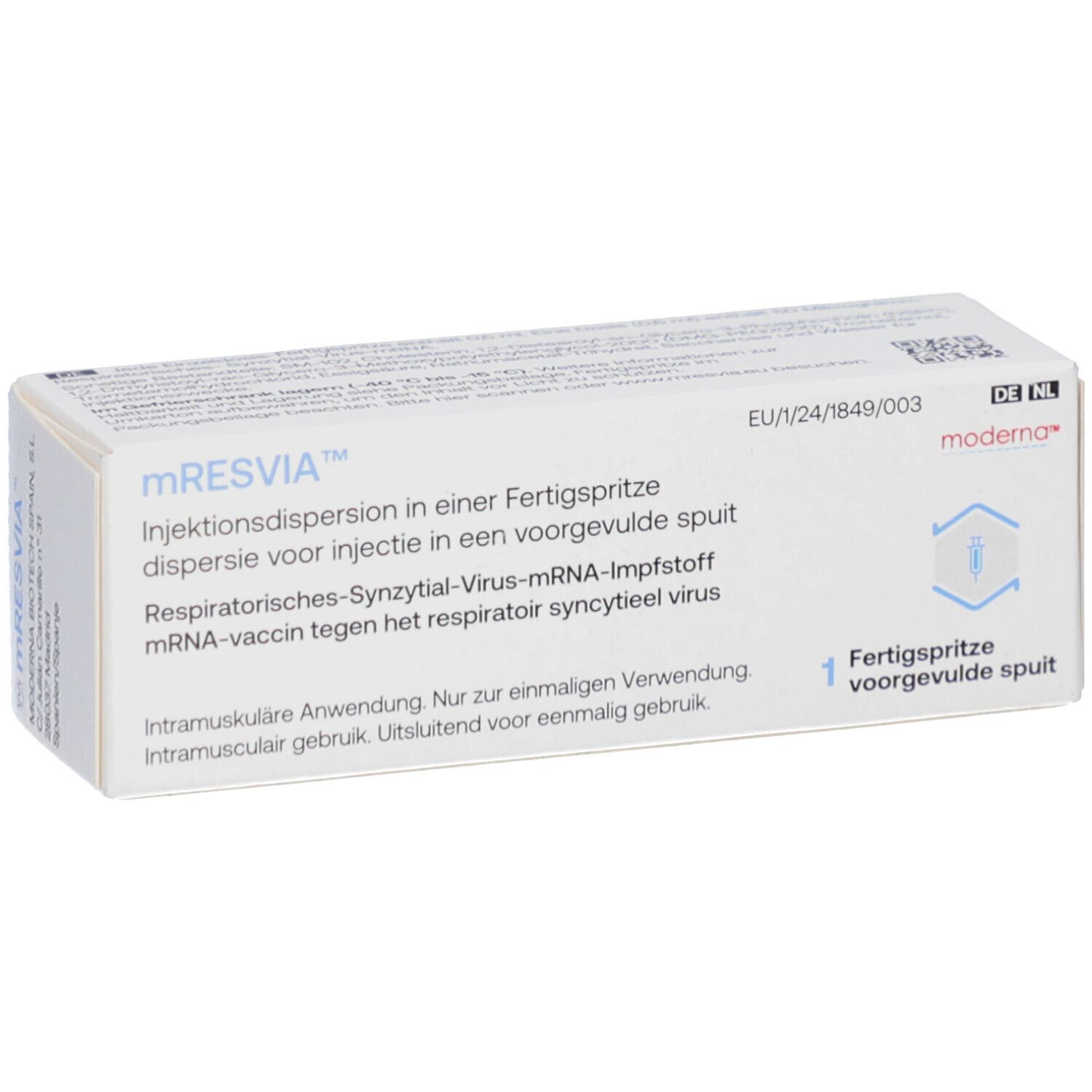 Weiße Schachtel mit Produktinformationen. Aufschrift: mRESVIA Injektionsdispersion. Fertigspritze. Moderna Logo.