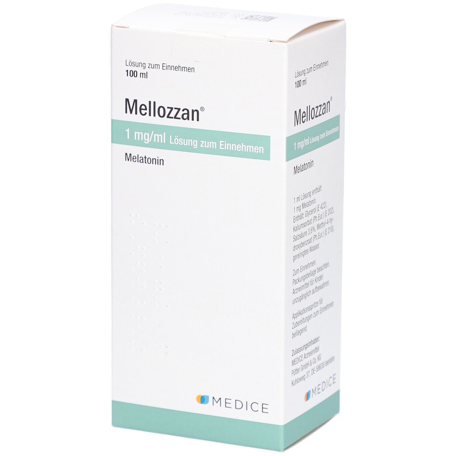 Verpackung von Mellozzan 1 mg/ml Lösung zum Einnehmen. Weiße Schachtel mit grünen Akzenten. Text: Melatonin.