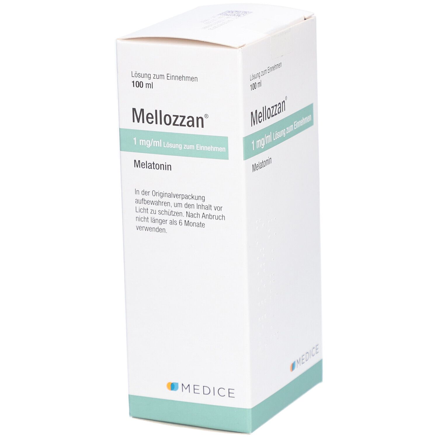 Mellozzan 1 mg/ml Lösung zum Einnehmen, Verpackung. Weiße Schachtel mit grünen Details. Text: Melatonin. Ansicht schräg.