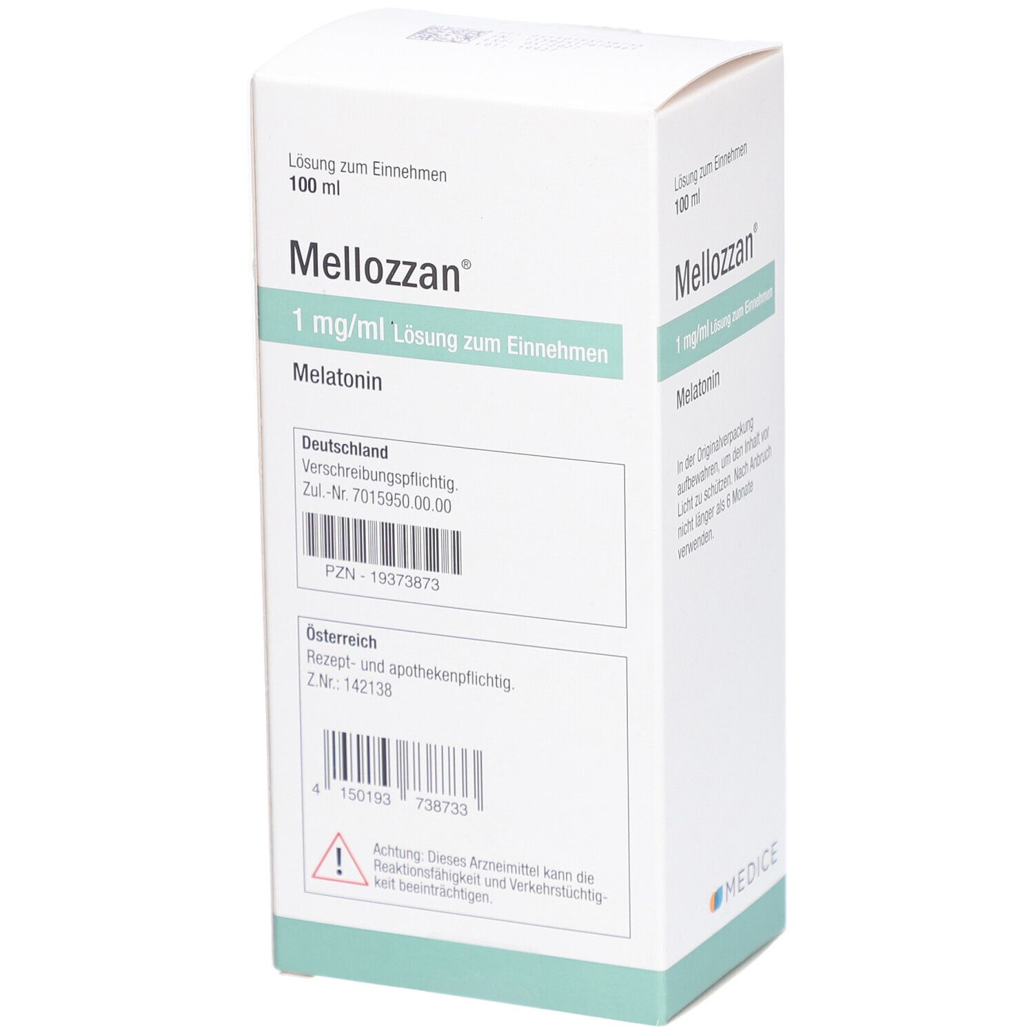 Verpackung von Mellozzan 1 mg/ml Lösung zum Einnehmen. Weiße Schachtel mit grünen Details. Text: Melatonin. Rückseite.