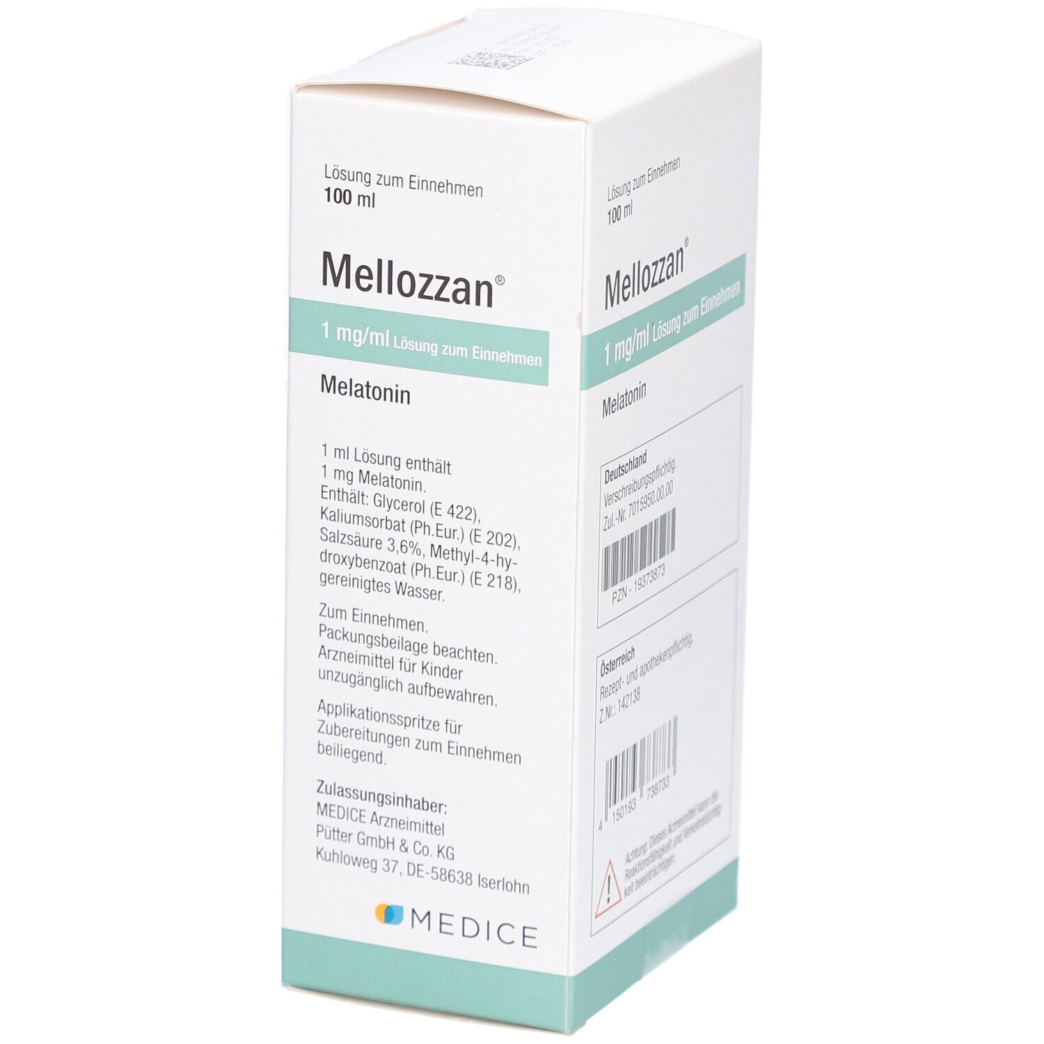 Mellozzan 1 mg/ml Lösung zum Einnehmen, Verpackung. Weiße Schachtel mit grünen Details. Text: Melatonin. Detailansicht.