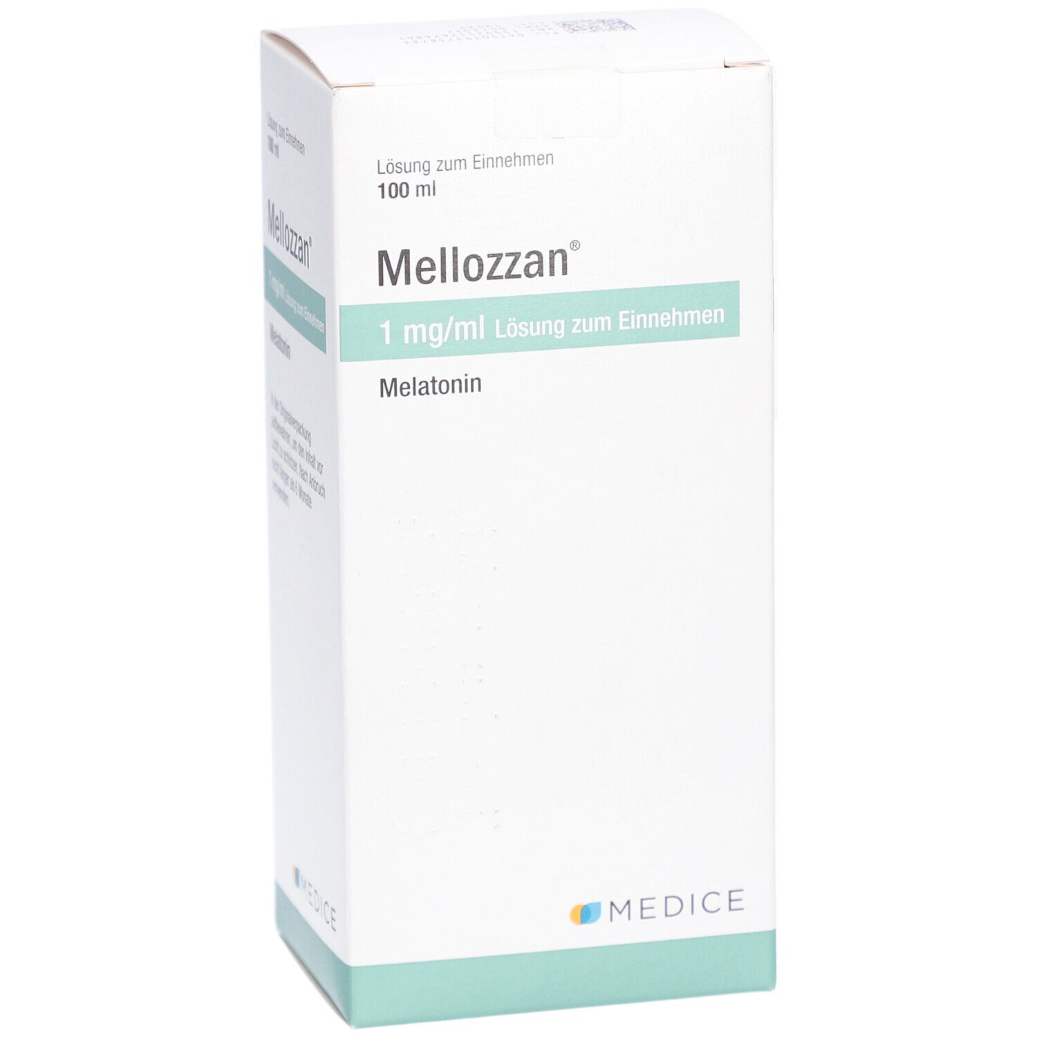 Mellozzan 1 mg/ml Lösung zum Einnehmen, Verpackung. Weiße Schachtel mit grünen Details. Text: Melatonin. Schrägansicht.