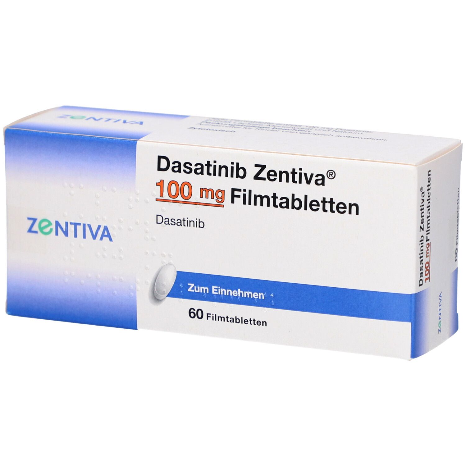 Schachtel mit Dasatinib Zentiva 100 mg Filmtabletten. 60 Tabletten. Zentiva-Logo. Zum Einnehmen.