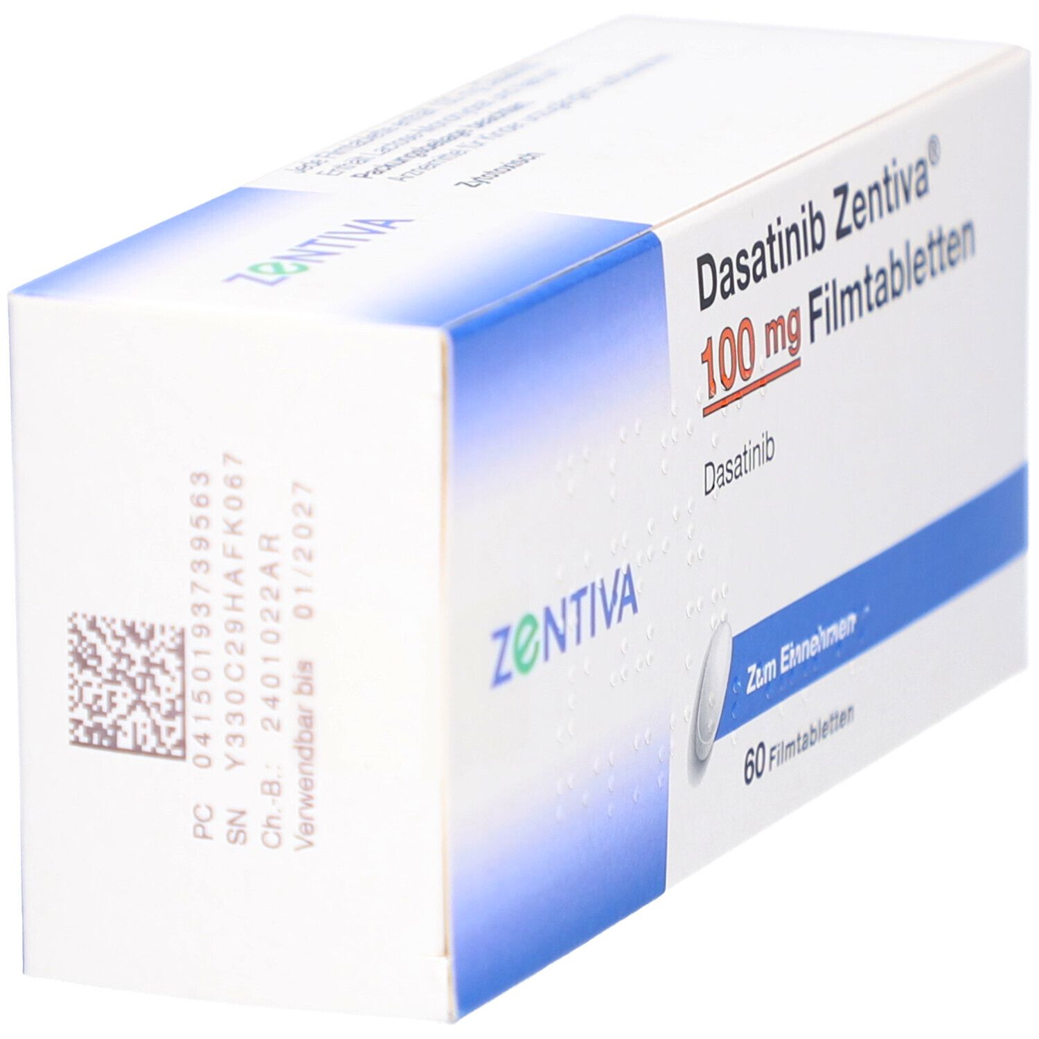Schachtel Dasatinib Zentiva 100 mg Filmtabletten. 60 Tabletten. Zentiva-Logo. Code und Verfallsdatum. Zum Einnehmen.