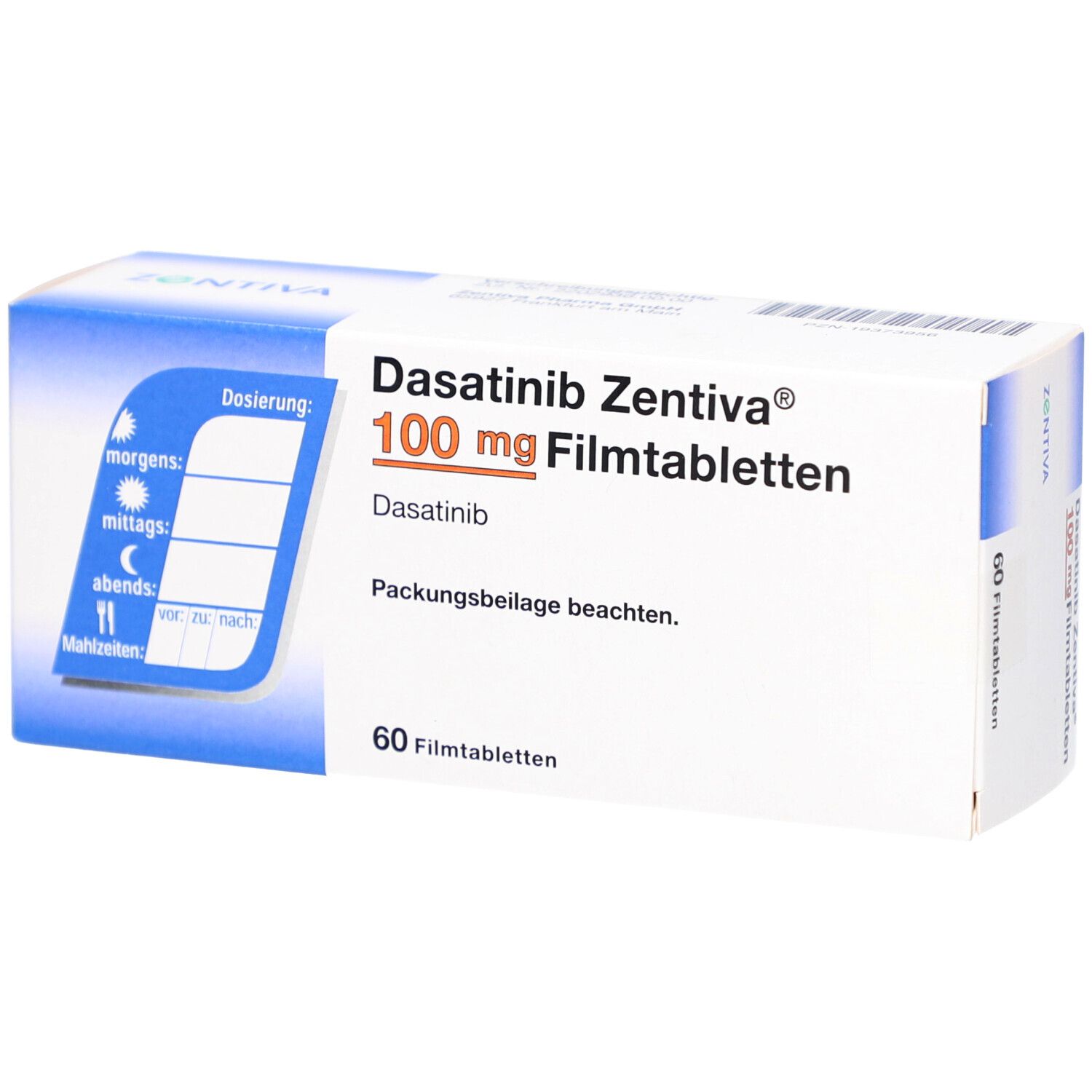 Schachtel Dasatinib Zentiva 100 mg Filmtabletten. 60 Tabletten. Dosierungshinweise. Zentiva-Logo. Packungsbeilage beachten.