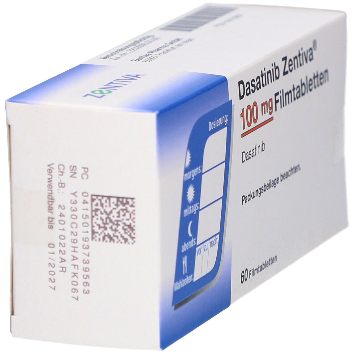 Schachtel Dasatinib Zentiva 100 mg Filmtabletten. 60 Tabletten. Dosierungshinweise. Zentiva-Logo. Packungsbeilage beachten.