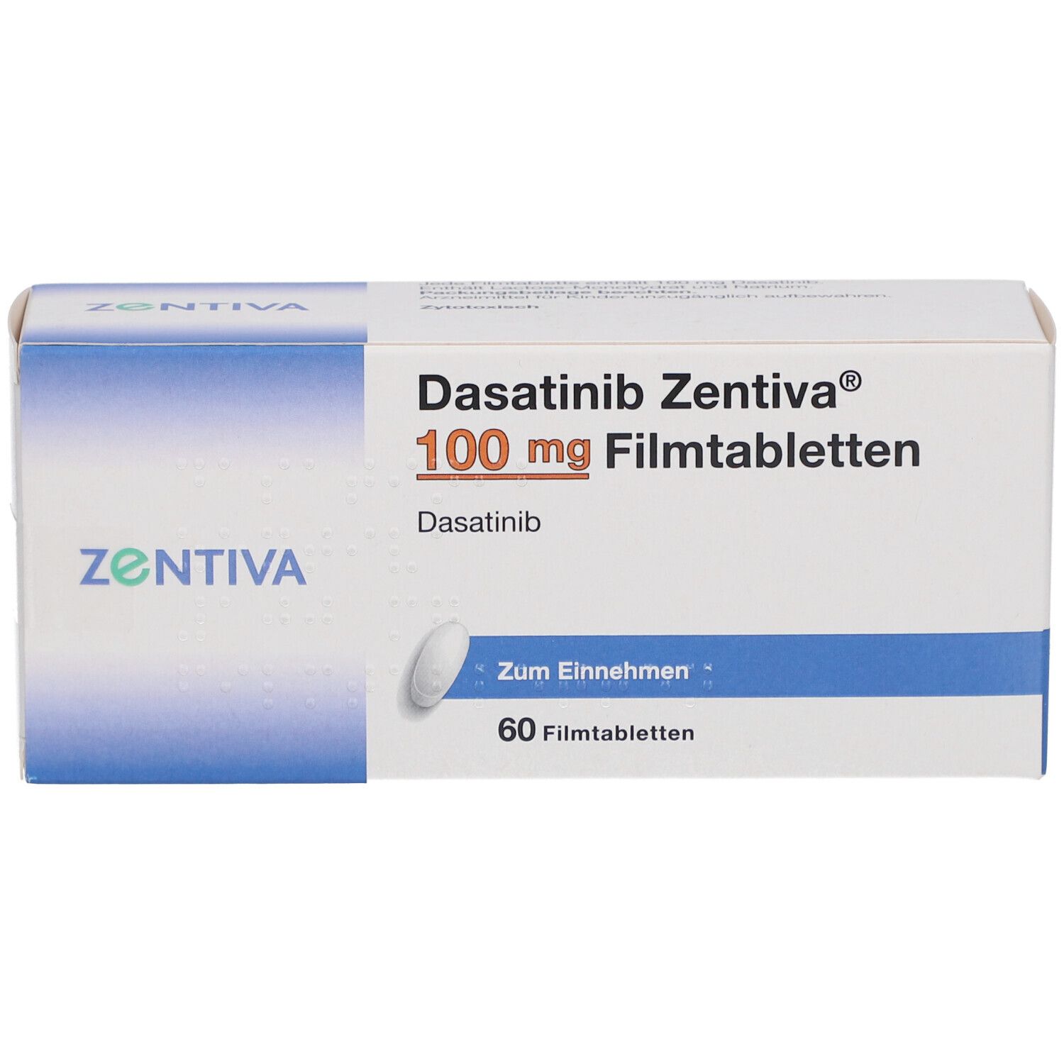 Schachtel mit Dasatinib Zentiva 100 mg Filmtabletten. 60 Tabletten. Zentiva-Logo. Zum Einnehmen.
