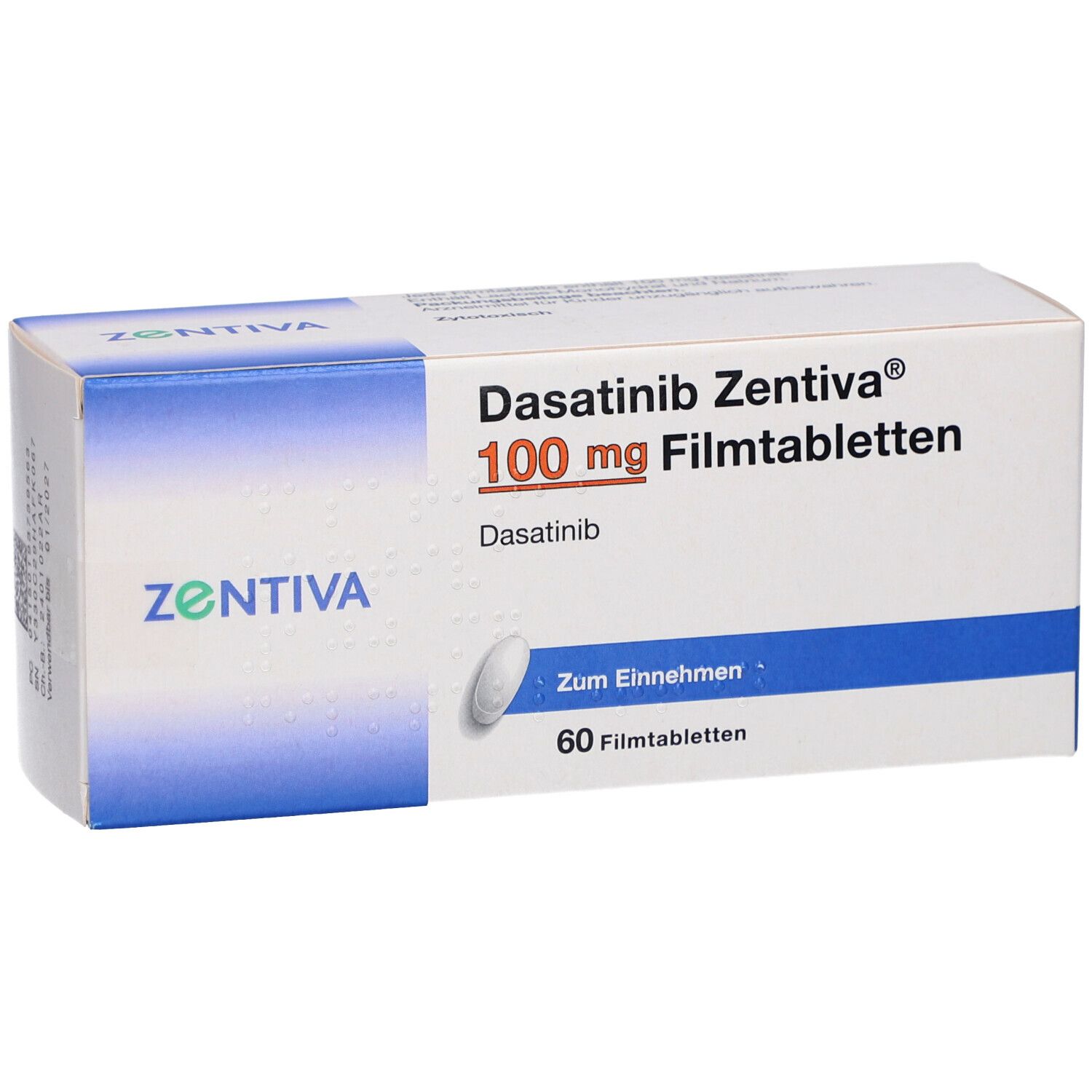 Schachtel mit Dasatinib Zentiva 100 mg Filmtabletten. 60 Tabletten. Zentiva-Logo. Zum Einnehmen.