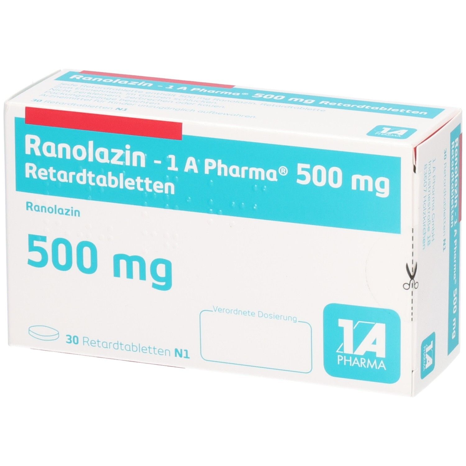 Schachtel RANOLAZIN-1A Pharma 500 mg Retardtabletten. Haupttext: Ranolazin 500 mg. 30 Retardtabletten N1. Logo 1A Pharma.