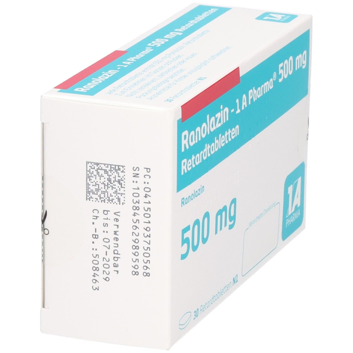 Schachtel RANOLAZIN-1A Pharma 500 mg Retardtabletten. Seitenansicht mit Text und Logo 1A Pharma. Haltbarkeitsdatum: 07-2029.