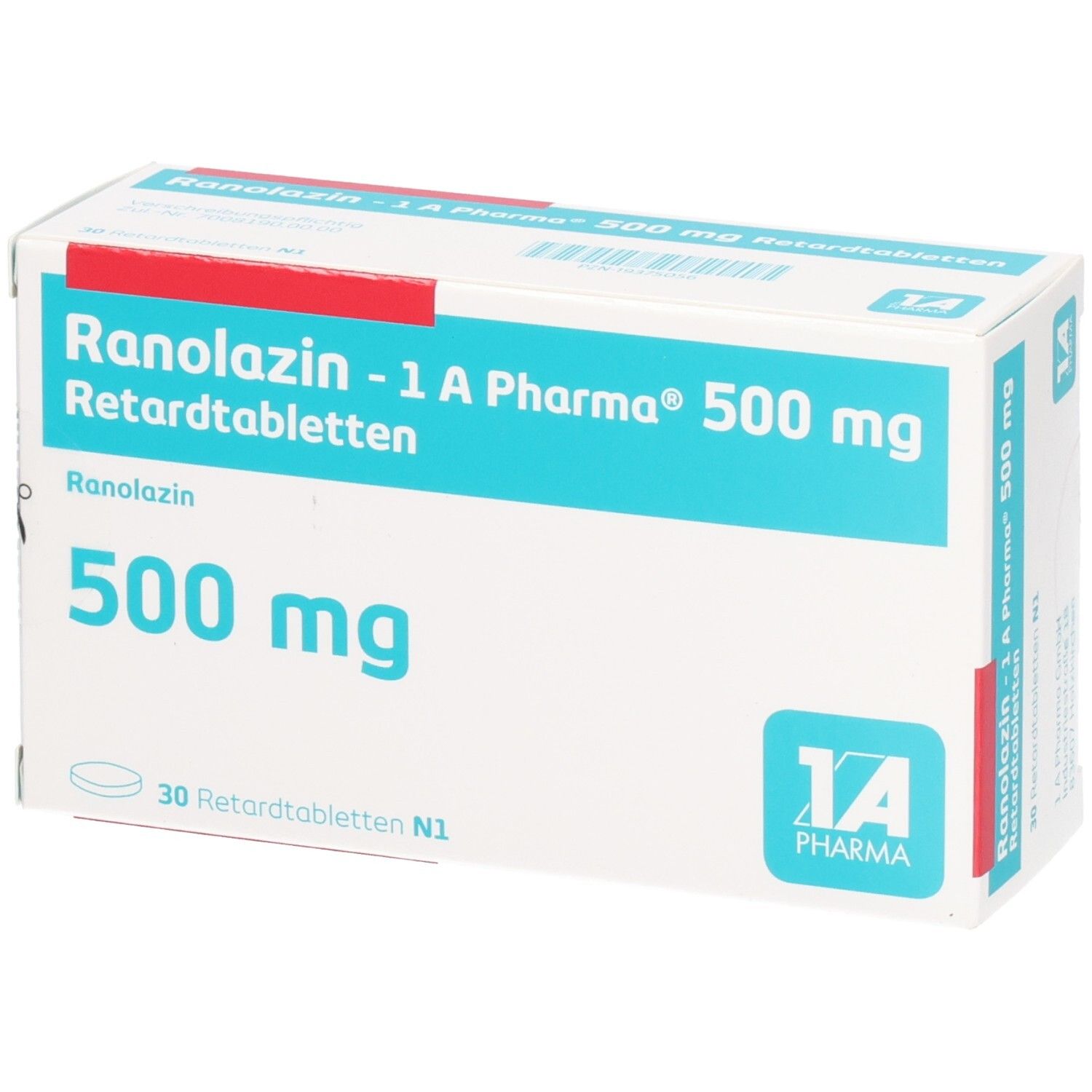 Schachtel RANOLAZIN-1A Pharma 500 mg Retardtabletten. Haupttext: Ranolazin 500 mg. 30 Retardtabletten N1. Logo 1A Pharma.