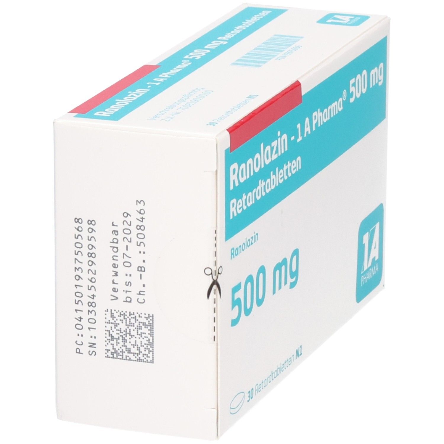 Schachtel RANOLAZIN-1A Pharma 500 mg Retardtabletten. Seitenansicht mit Text und Logo 1A Pharma. Haltbarkeitsdatum: 07-2029.