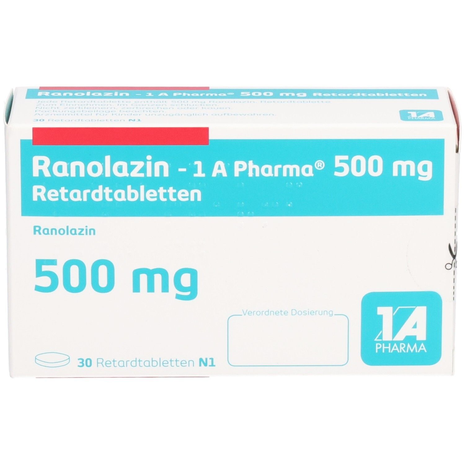 Schachtel RANOLAZIN-1A Pharma 500 mg Retardtabletten. Haupttext: Ranolazin 500 mg. 30 Retardtabletten N1. Logo 1A Pharma.