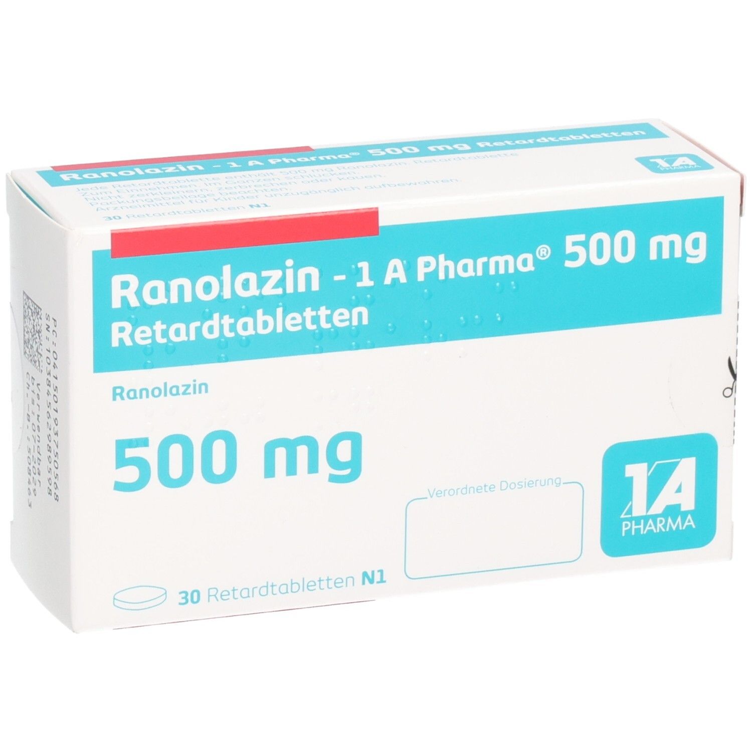 Schachtel RANOLAZIN-1A Pharma 500 mg Retardtabletten. Haupttext: Ranolazin 500 mg. 30 Retardtabletten N1. Logo 1A Pharma.