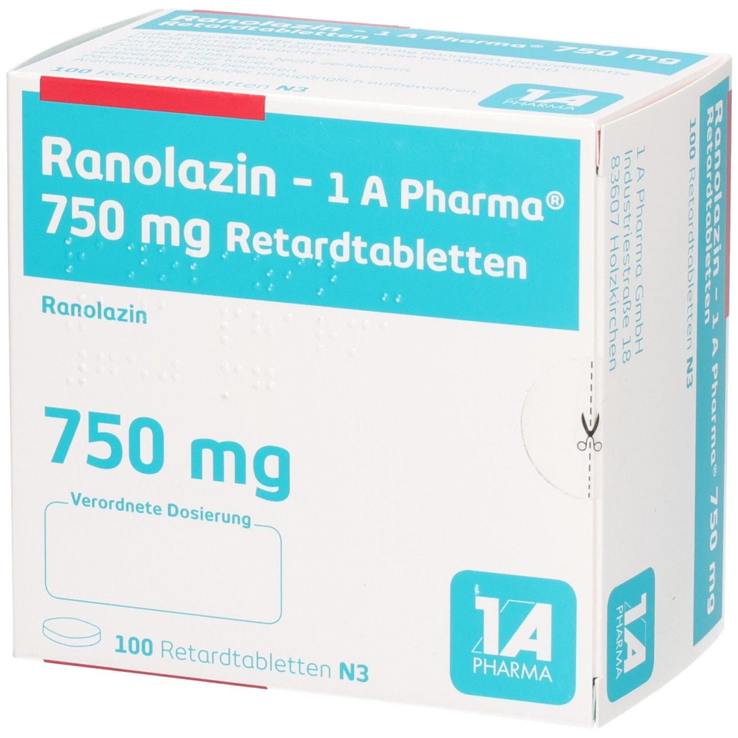 Schachtel mit "Ranolazin - 1 A Pharma 750 mg Retardtabletten". Aufschrift "750 mg" und "100 Retardtabletten N3". Logo "1 A Pharma".