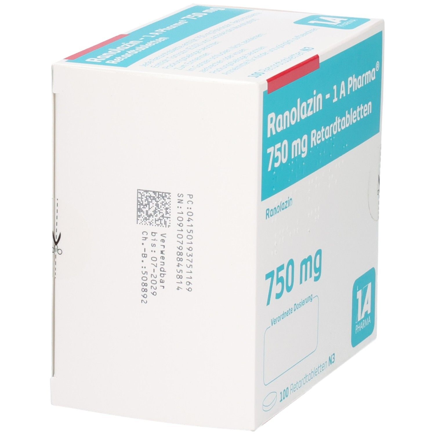 Schachtel "Ranolazin - 1 A Pharma 750 mg Retardtabletten". Seitenansicht mit Barcode und Verfallsdatum. Logo "1 A Pharma".