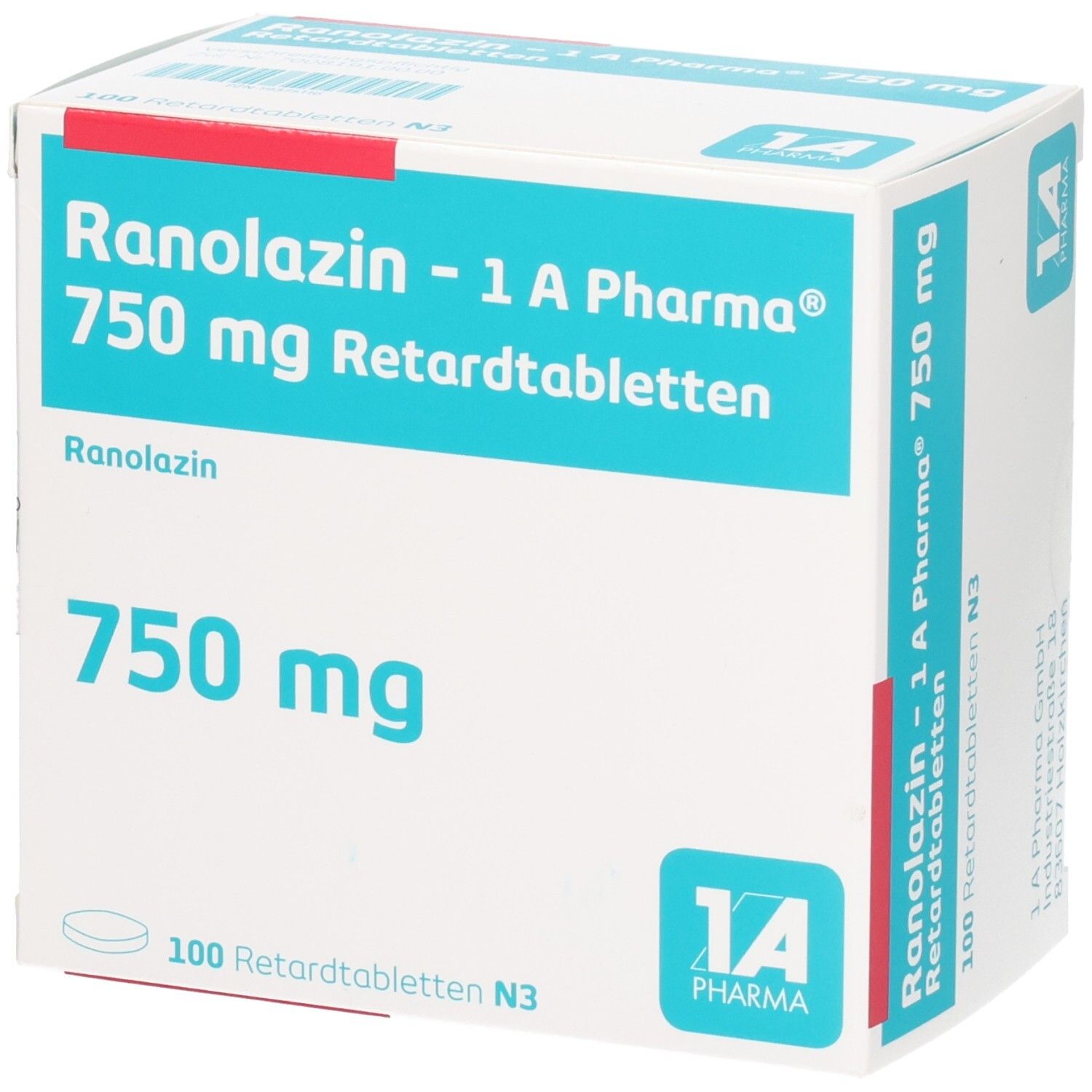 Schachtel mit "Ranolazin - 1 A Pharma 750 mg Retardtabletten". Aufschrift "750 mg" und "100 Retardtabletten N3". Logo "1 A Pharma".