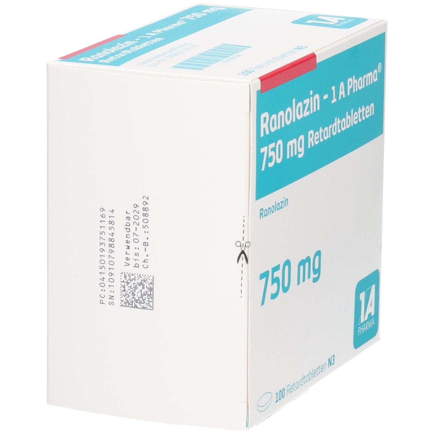 Schachtel "Ranolazin - 1 A Pharma 750 mg Retardtabletten". Seitenansicht mit Barcode und Verfallsdatum. Logo "1 A Pharma".