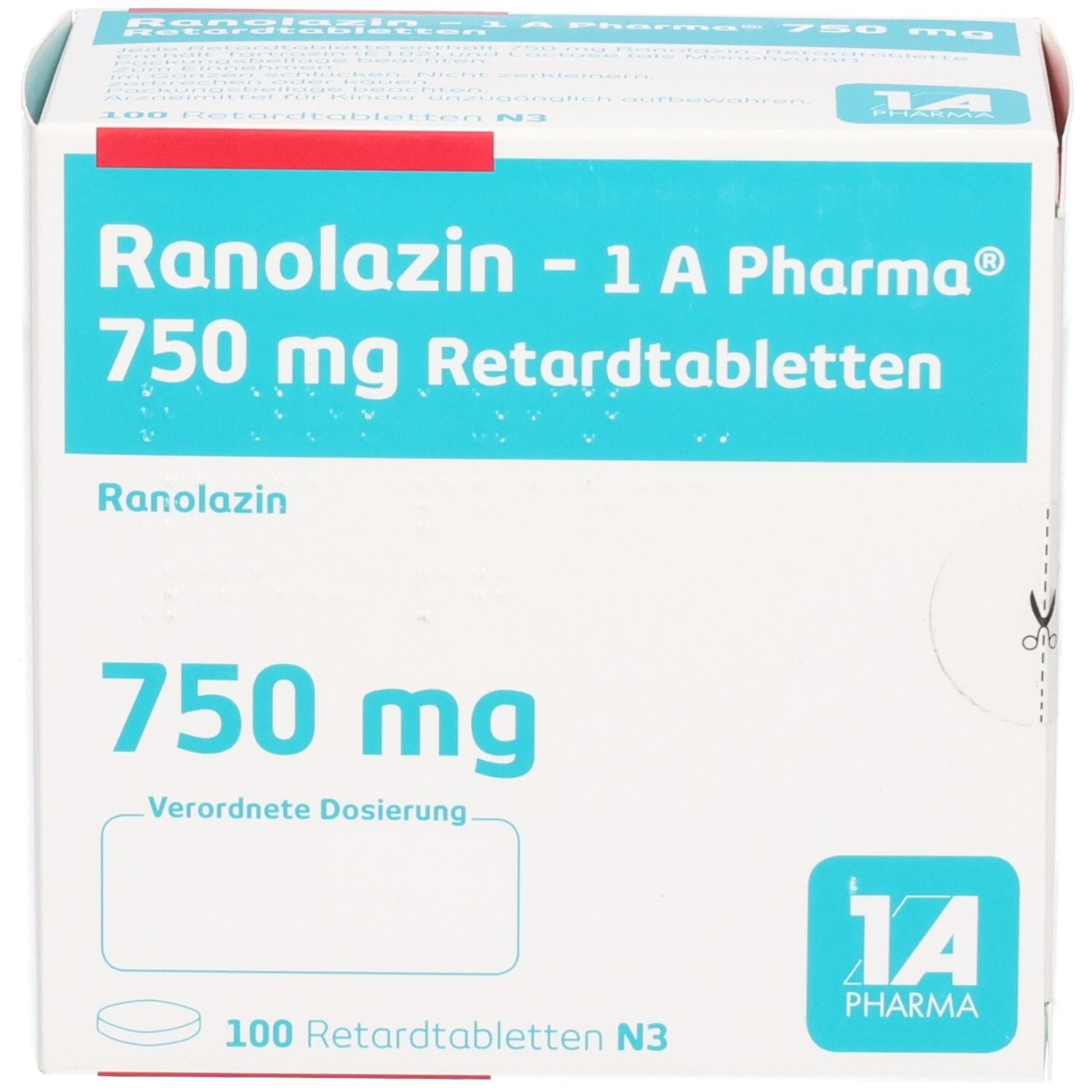 Schachtel mit "Ranolazin - 1 A Pharma 750 mg Retardtabletten". Aufschrift "750 mg" und "100 Retardtabletten N3". Logo "1 A Pharma".