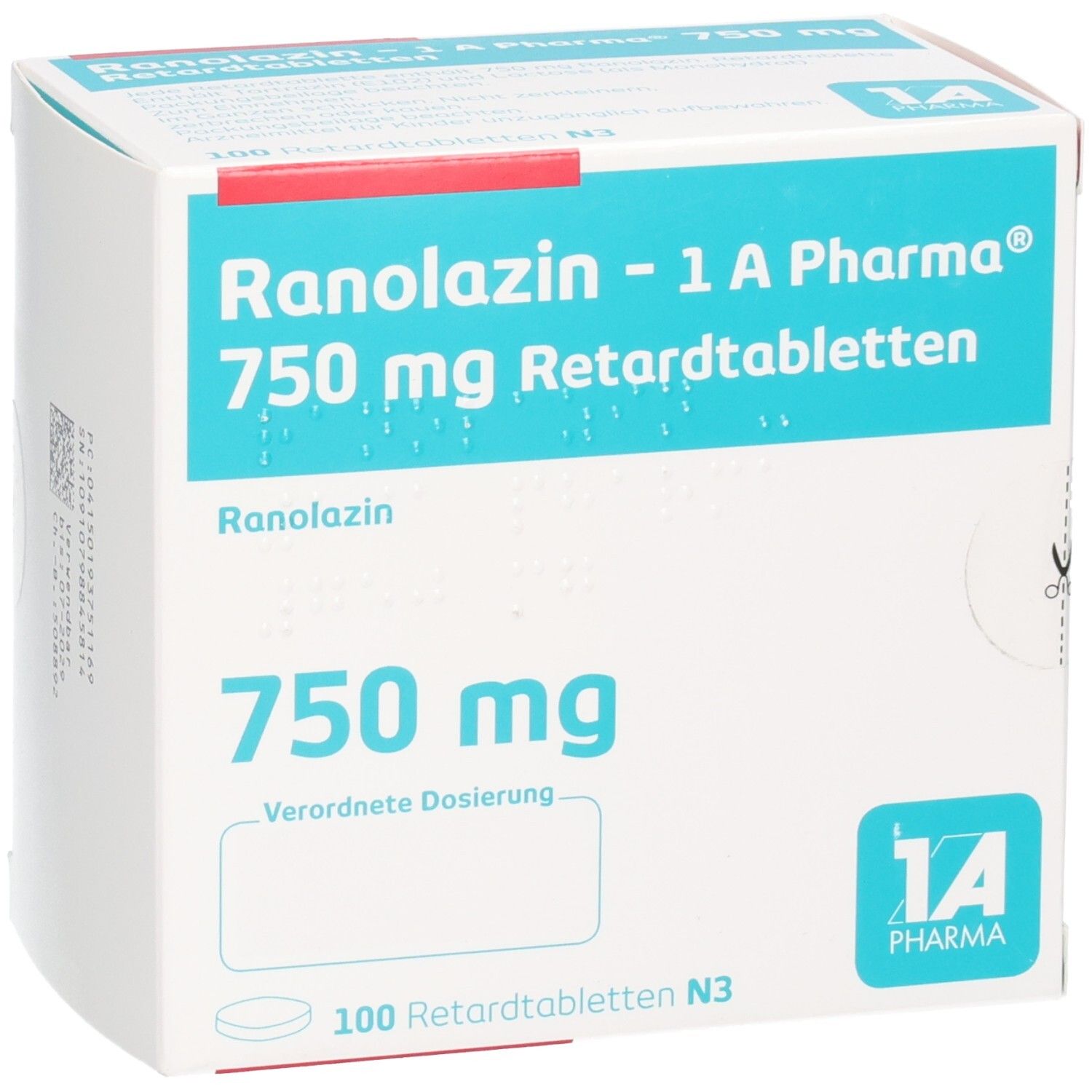 Schachtel mit "Ranolazin - 1 A Pharma 750 mg Retardtabletten". Aufschrift "750 mg" und "100 Retardtabletten N3". Logo "1 A Pharma".