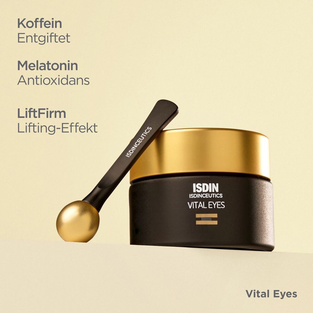 Schwarzer Tiegel mit goldfarbenem Deckel und Applikator. Text: Vital Eyes. Enthält Koffein, Melatonin und LiftFirm.