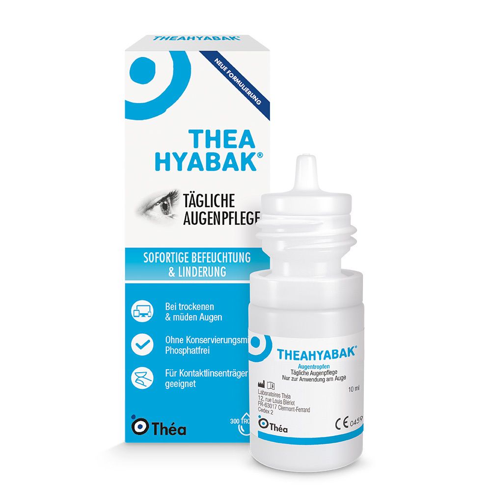 Weiße Flasche und Karton. Aufschrift: THEA HYABAK, tägliche Augenpflege. Sofortige Befeuchtung & Linderung. Ohne Konservierungsmittel.