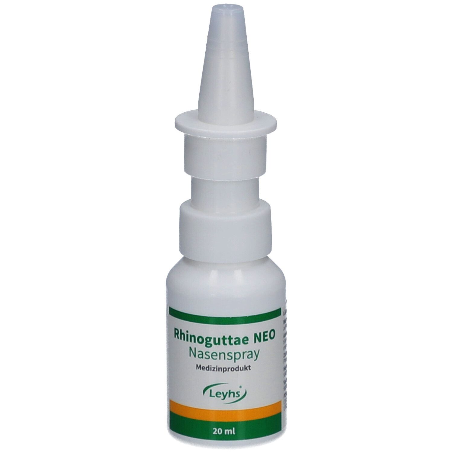 Weiße Nasenspray-Flasche mit Sprühkopf. Aufschrift: Rhinoguttae NEO Nasenspray. Orangefarbener Streifen am Boden. 20 ml.