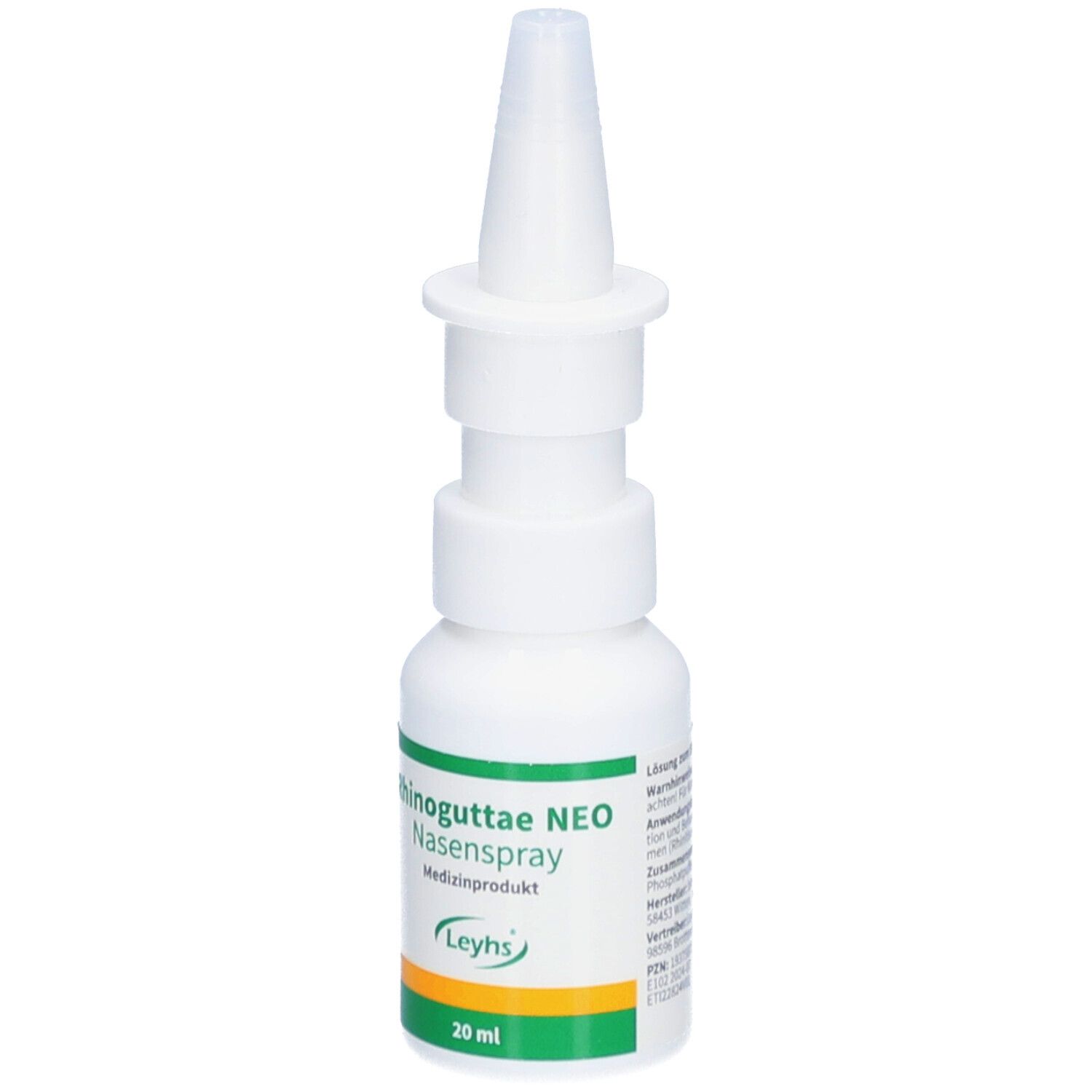 Weiße Nasenspray-Flasche mit Sprühkopf. Aufschrift: Rhinoguttae NEO Nasenspray. Orangefarbener Streifen am Boden. 20 ml.